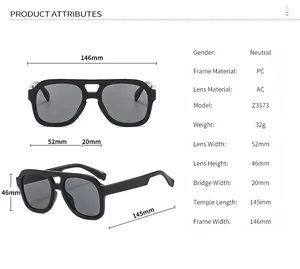 Detailed dimensions and material specifications for retro double bridge sunglasses