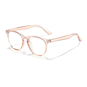 Close-up view of retro transparent peach macaron anti-blue light glasses frame