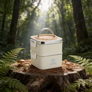 Hochwertige doppelstöckige Lunchbox mit Holzdeckel und Griff in natürlicher Waldumgebung