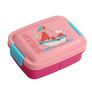 Fiambrera rosa de dibujos animados con tres compartimentos y diseño de barco en la tapa