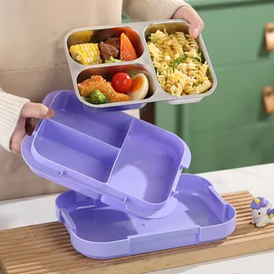 Portable purple stainless steel divided bento lunch box for students and office workers