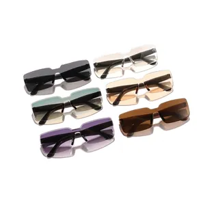 Retro rectangular rimless sunglasses with colorful one-piece lenses for men and women