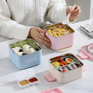 Portable square stainless steel bento boxes with airtight lids and handles for lunch