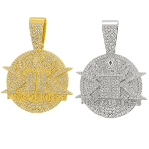 Iced out hip hop King of Kings pendant necklace in gold and silver finish with pavé stones