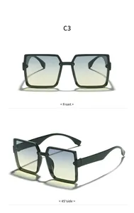 Front and side views of oversized square frame sunglasses with blue gradient lenses