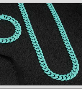 Detailed macro view of turquoise stainless steel Cuban link chain and bracelet set