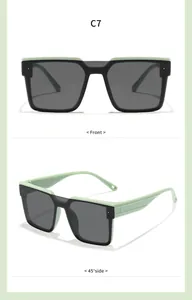 Front and side view of stylish green and black children's square frame sunglasses.