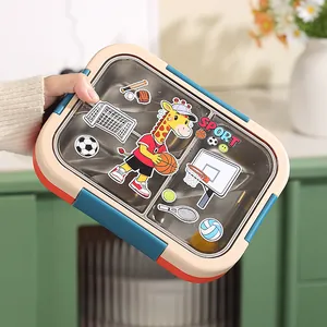 Handheld cartoon giraffe stainless steel lunch box with compartments for students