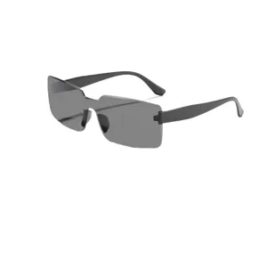 Retro rectangular rimless sunglasses with dark gray lenses for men and women unisex