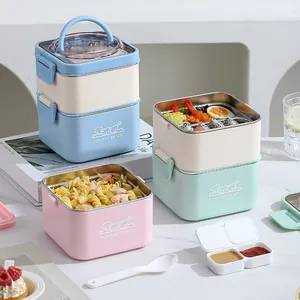 Portable double-layer stainless steel square lunch box set with handle in pastel colors