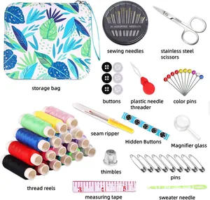 Comprehensive sewing kit components layout with needles, thread reels and scissors.