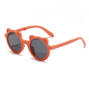 Cute foldable bear ear children's sunglasses with stylish orange frame and grey lenses