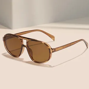 Vintage oversized double bridge hollow aviator sunglasses with brown translucent frames