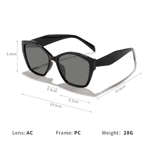Stijlvolle zwarte cat-eye zonnebril met UV-bescherming, PC-montuur en grijze AC-lenzen