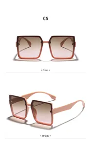 Front and side views of stylish square peach sunglasses with gradient lenses