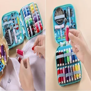 Comprehensive sewing kit set with colorful threads and tailoring tools shown in use.