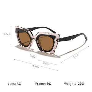 Stylish oversized cat-eye sunglasses with AC lenses and detailed size measurements
