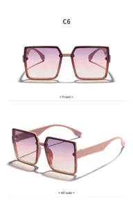 Detailed front and 45-degree side views of stylish oversized square gradient pink sunglasses