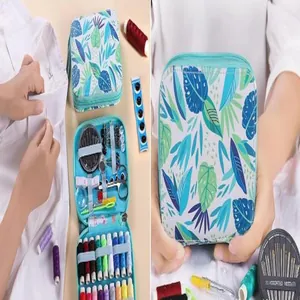 Detail view of a portable sewing kit with a tropical leaf pattern and essential tools