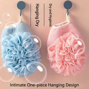 2-in-1 bath flower shower gloves with soft exfoliating loofah in blue and pink colors