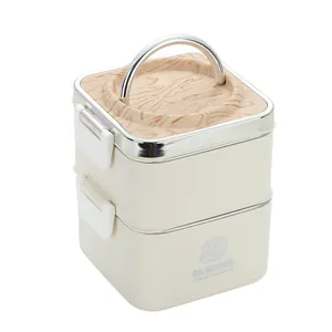 Minimalistische doppelstöckige Edelstahl-Lunchbox mit Holzmaserungsdeckel und Griff