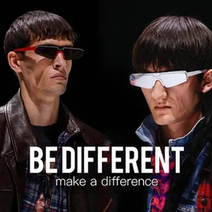 Close-up of men wearing futuristic polarized photochromic sunglasses in red and white.