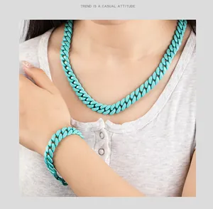 Close-up of turquoise stainless steel Cuban link necklace and bracelet set on model