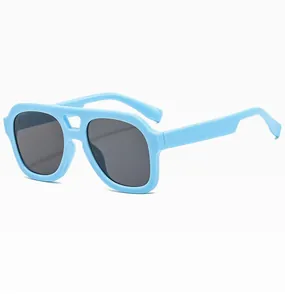 Close-up of retro sky blue double-bridge square sunglasses with dark lenses.