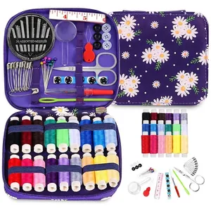 Portable sewing kit with 18 colorful threads and floral zip case for home repair