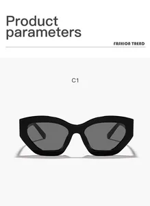 Vue détaillée de lunettes de soleil œil-de-chat noires avec une monture épaisse unique