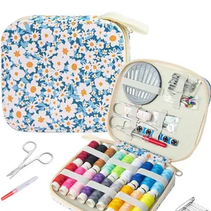 Portable floral sewing kit with multi-color thread and essential tools for home repairs.