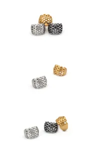 Imágenes detalladas de anillos vintage con diseño de ladrillo hueco en acabados oro, plata y negro