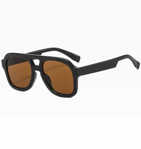 Detail view of vintage double-bridge square sunglasses in black with brown lenses
