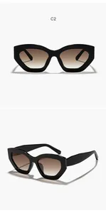 Détail de lunettes de soleil œil de chat noires à verres dégradés en deux vues
