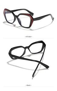 Detailaufnahmen einer polygonalen Blaulichtfilter-Brille aus 45-Grad- und Rückansicht