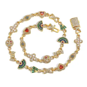 Hip-Hop Goldkette mit bunten Herz Fächer und Augen Anhängern aus Zirkonia besetzt
