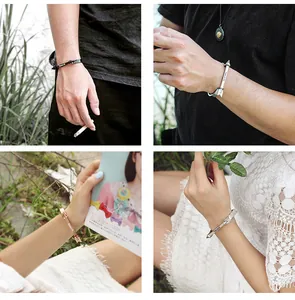 Collage che mostra braccialetti a freccia vintage in acciaio titanio sui modelli