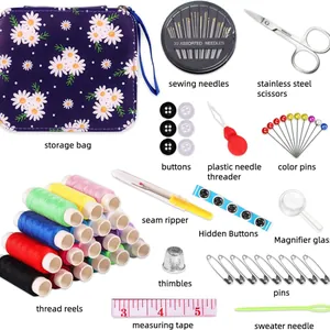 Comprehensive household sewing kit with storage bag, needles, scissors, and colorful threads