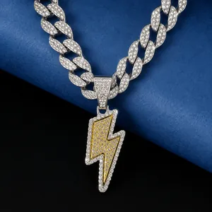 Hip Hop Iced Out Lightning Bolt Pendant Necklace For Men Alloy Rhinestone Geometric Jewelry Gold Silver Plated Cuban Chain