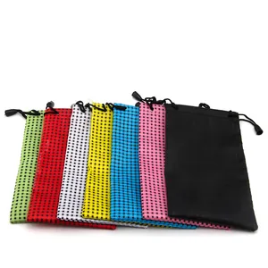 Microfiber drawstring storage pouches in various vibrant colors with checkered pattern