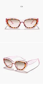 Vue détaillée de lunettes œil-de-chat avec monture rose et bords motif léopard.