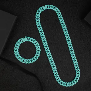 Turquoise candy-colored Cuban link necklace and bracelet set in durable stainless steel