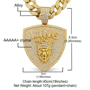 Detail view of iced-out lion head king shield pendant with dimensions and weight info