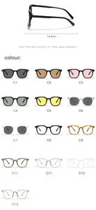 Options de couleurs détaillées et taille de 14,6 cm pour lunettes carrées rétro.