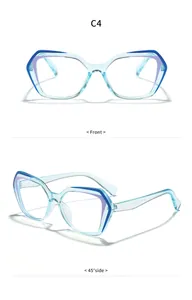 Detailansicht der stilvollen polygonalen Blaulichtfilter-Brille mit blau-violettem Rahmen