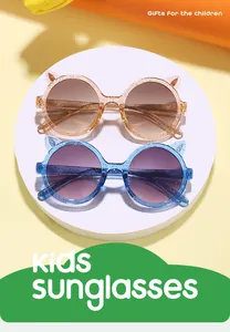 Close-up of cute kids cat-ear sunglasses in glitter blue and orange dopamine colors