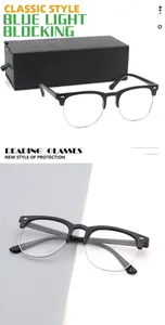 Primer plano de gafas retro con filtro de luz azul y elegante montura de media montura