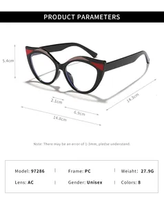 Diagramma dettagliato delle dimensioni e specifiche per occhiali anti-luce blu cat-eye