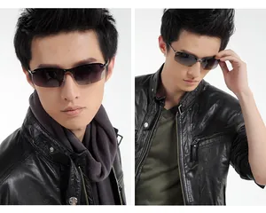 Detailed view of male model wearing polarized photochromic sunglasses in black leather jacket