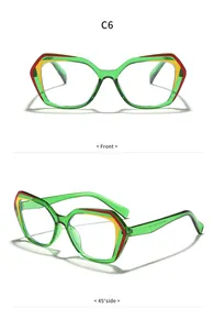 Details der grünen polygonalen Anti-Blaulicht-Brille mit roten und gelben Akzenten